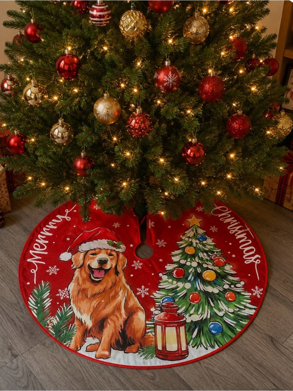 30” Festive Red Dog & Tree Christmas Tree Skirt - Holiday Home Accent